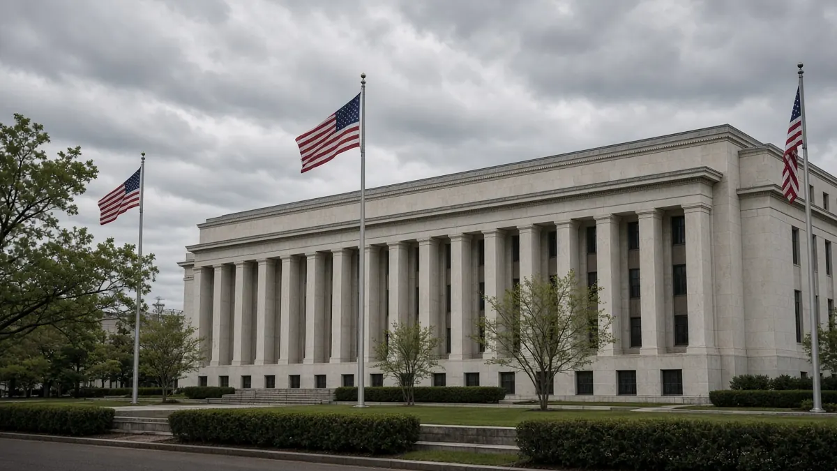 Neoclassical government building with American flags flying under a cloudy sky