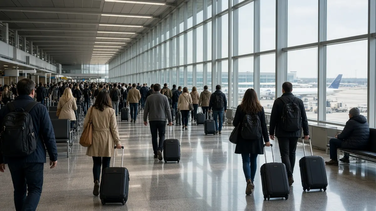 Travellers walking through a bright airport terminal past floor to ceiling windows