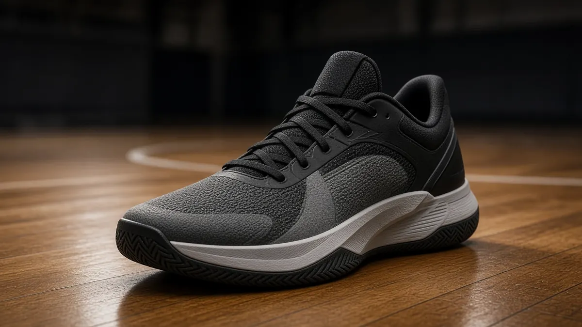 Black and white basketball shoe on a polished indoor court