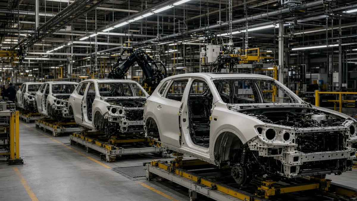 Car bodies moving along an automotive assembly line inside a factory