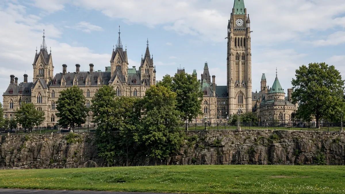 Canadian parliament buildings seen across a lawn under an overcast sky