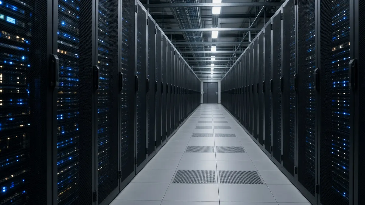 Long aisle of server racks lit by rows of blue indicator lights