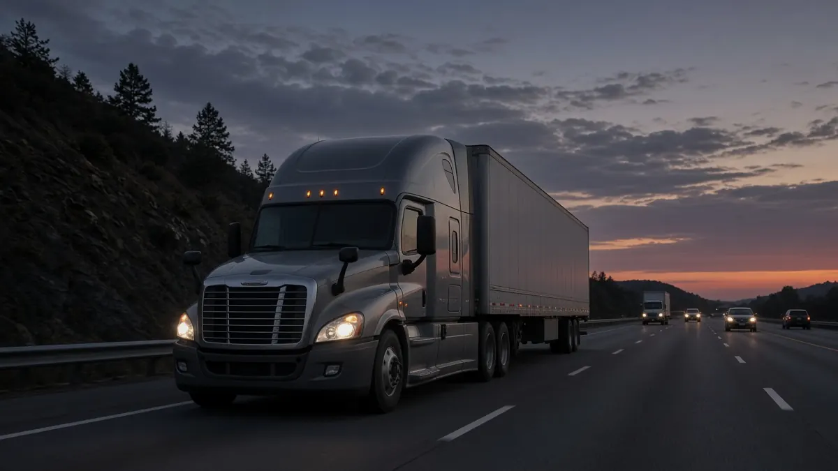 Articulated lorry travelling a highway at dusk with its headlights on