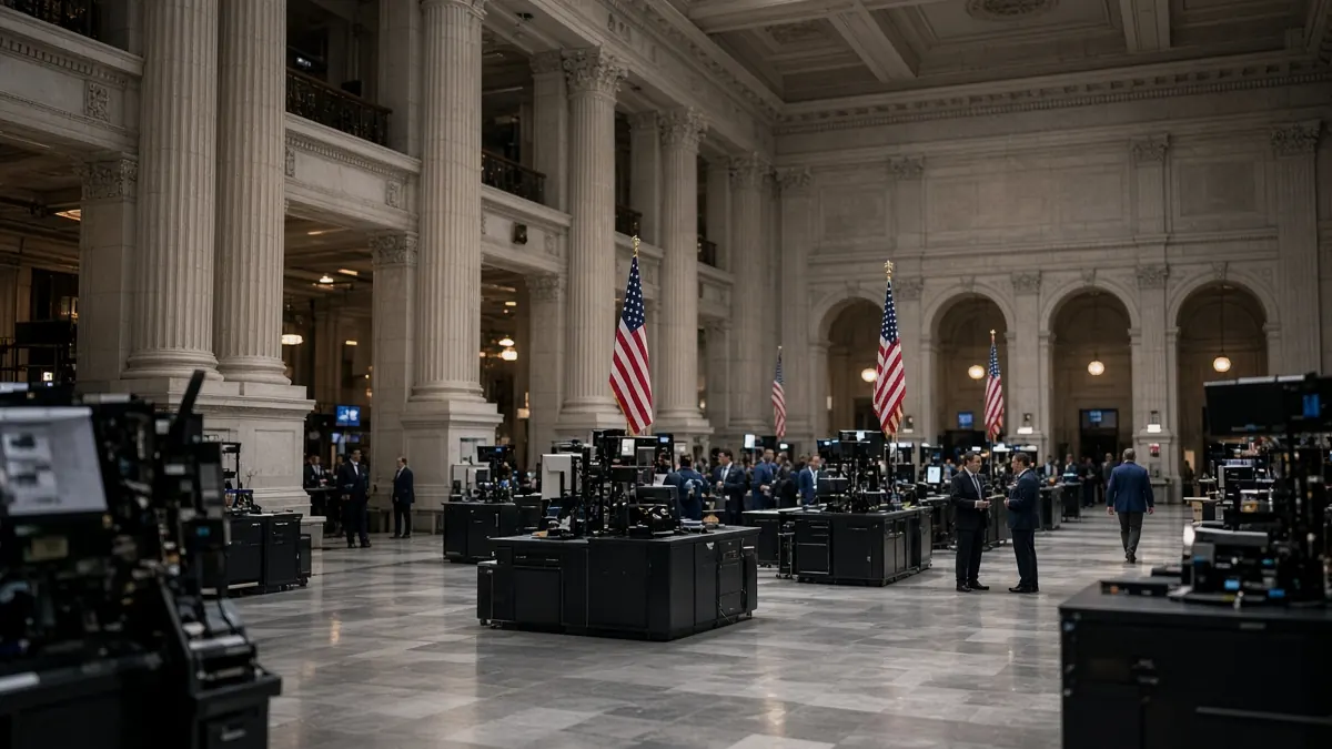 Traders at desks on an exchange floor beneath tall columns and hanging flags