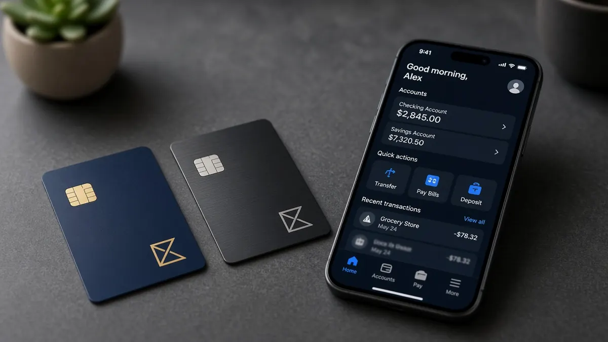 Two dark credit cards beside a smartphone showing an account balance