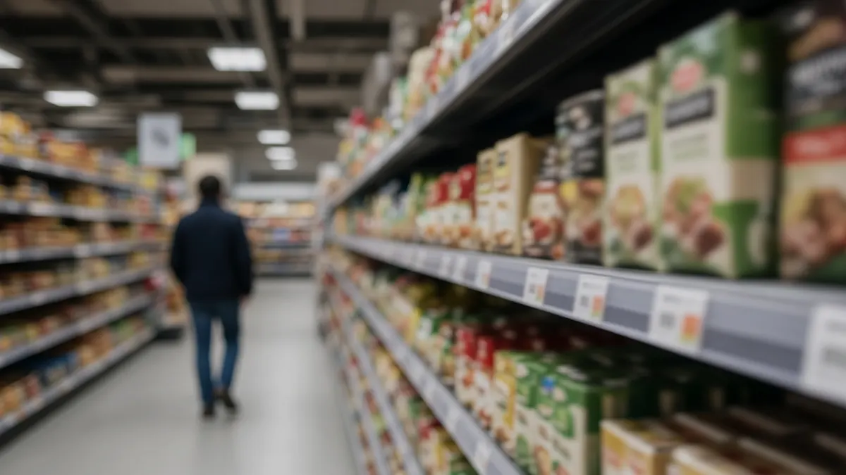 Shopper walking down a supermarket aisle lined with packaged goods