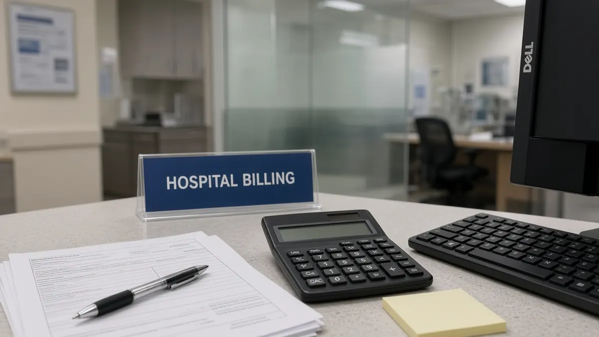 Hospital billing desk sign beside a calculator and a keyboard