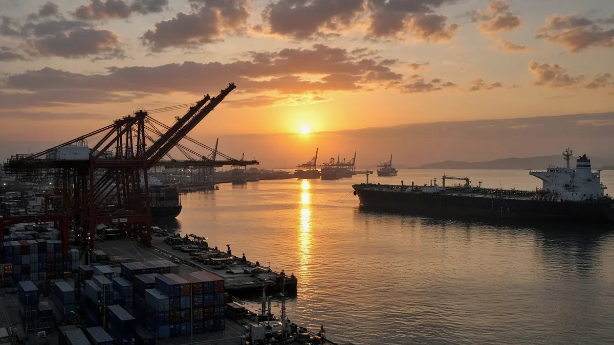 Cargo cranes and a tanker silhouetted against an orange sunset at a port