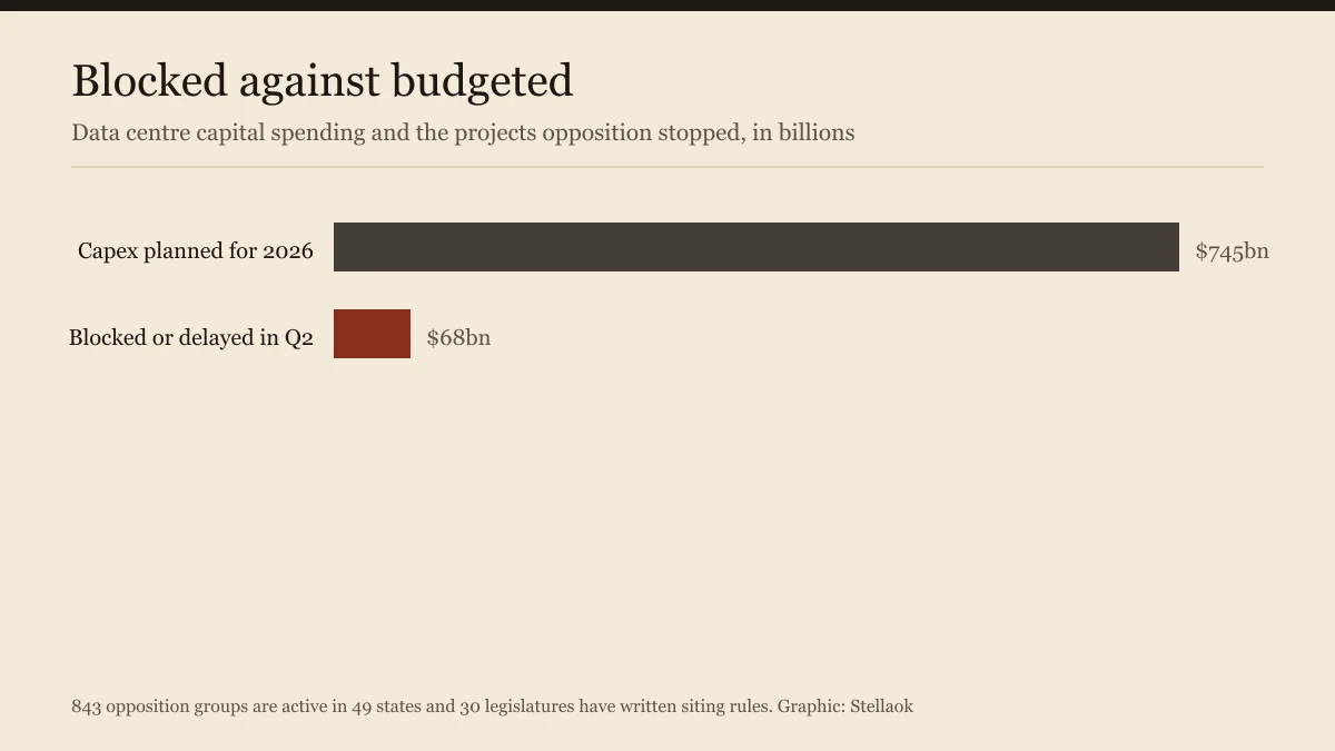 Bar chart comparing 745 billion dollars of planned capex against 68 billion blocked