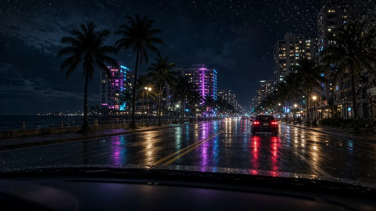Car on a neon lit oceanfront street at night with reflections on wet asphalt