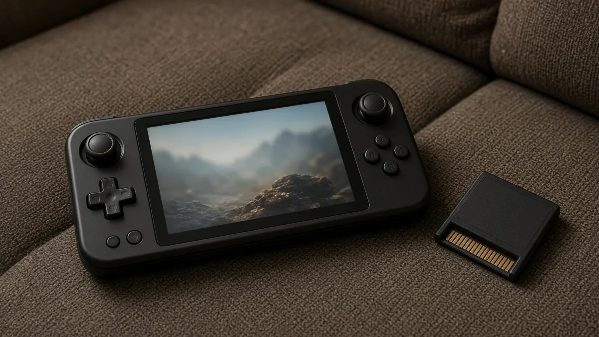Handheld games console and a cartridge resting on a fabric couch