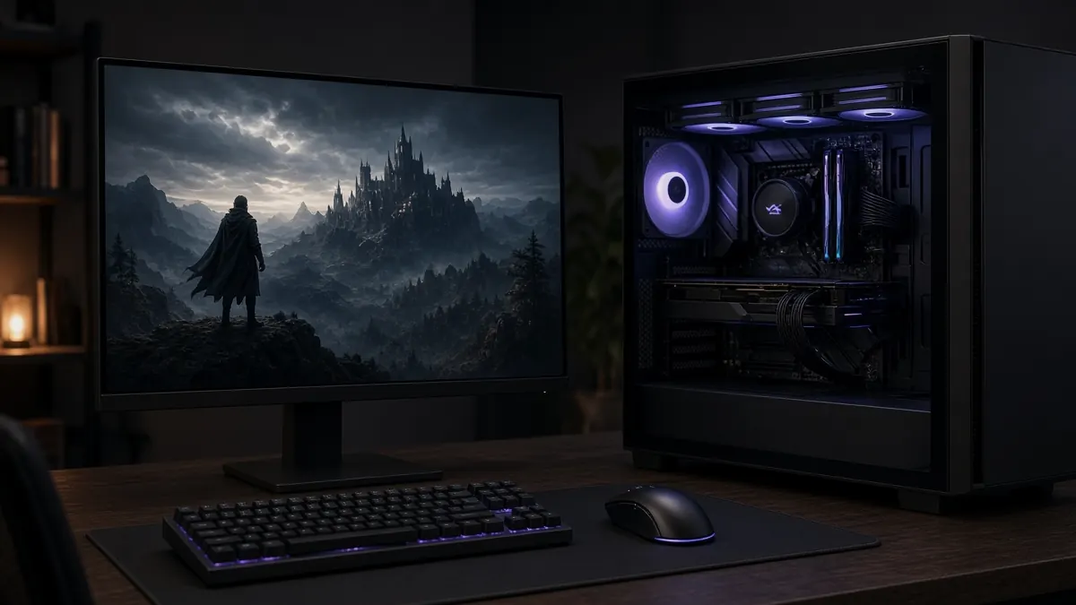 Gaming desktop with purple interior lighting beside a monitor showing a dark fantasy scene