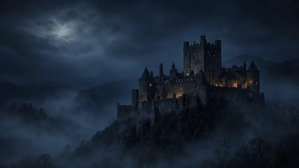 Gothic castle on a rocky outcrop under a moonlit sky