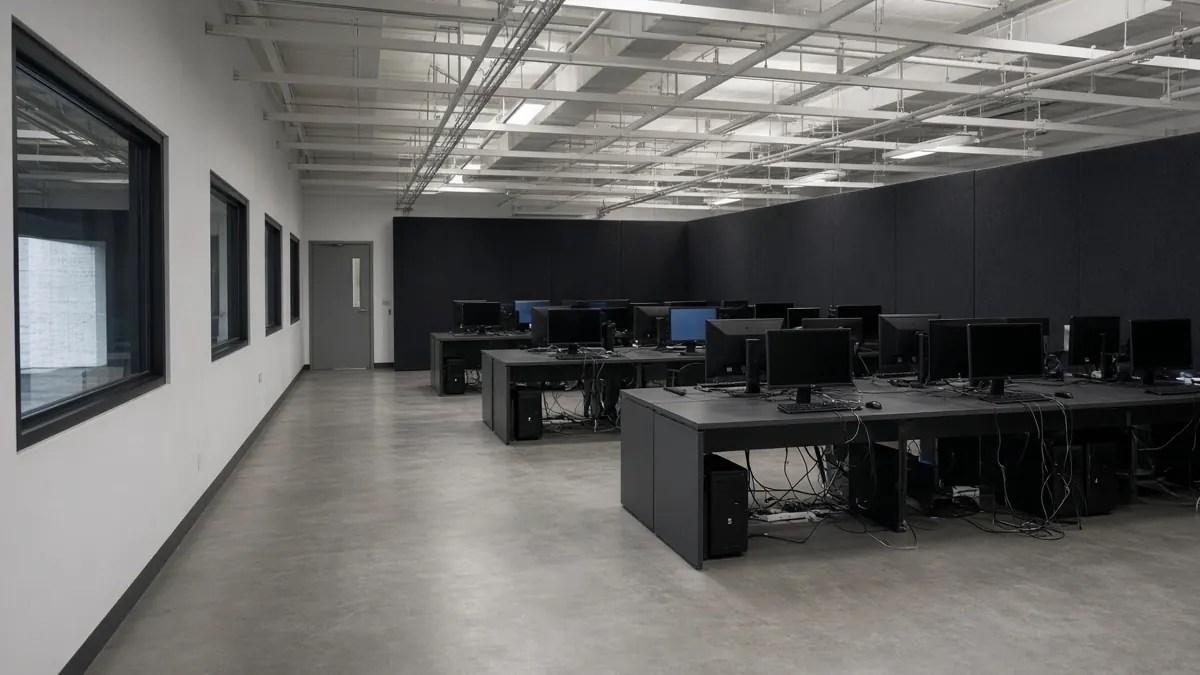 Empty open plan office with darkened monitors and chairs pushed back from the desks