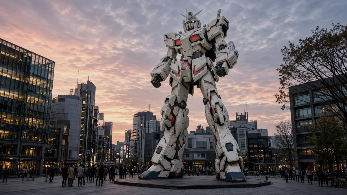 White mecha standing among city towers at sunset