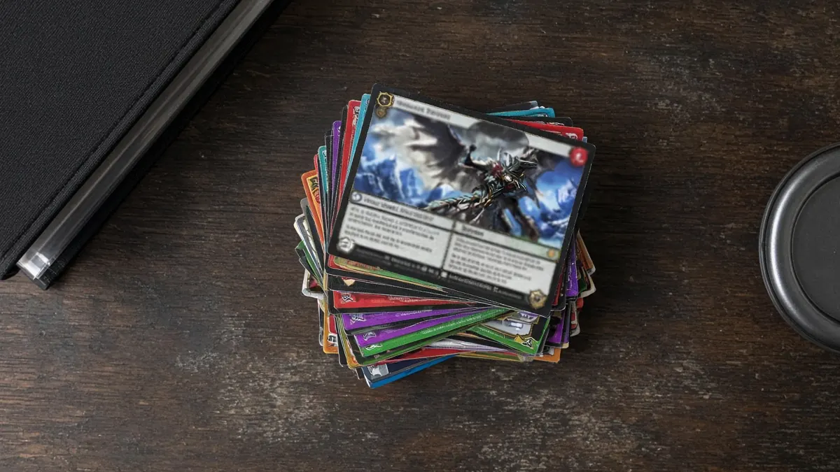 Pile of collectible trading cards spread across a dark wooden surface