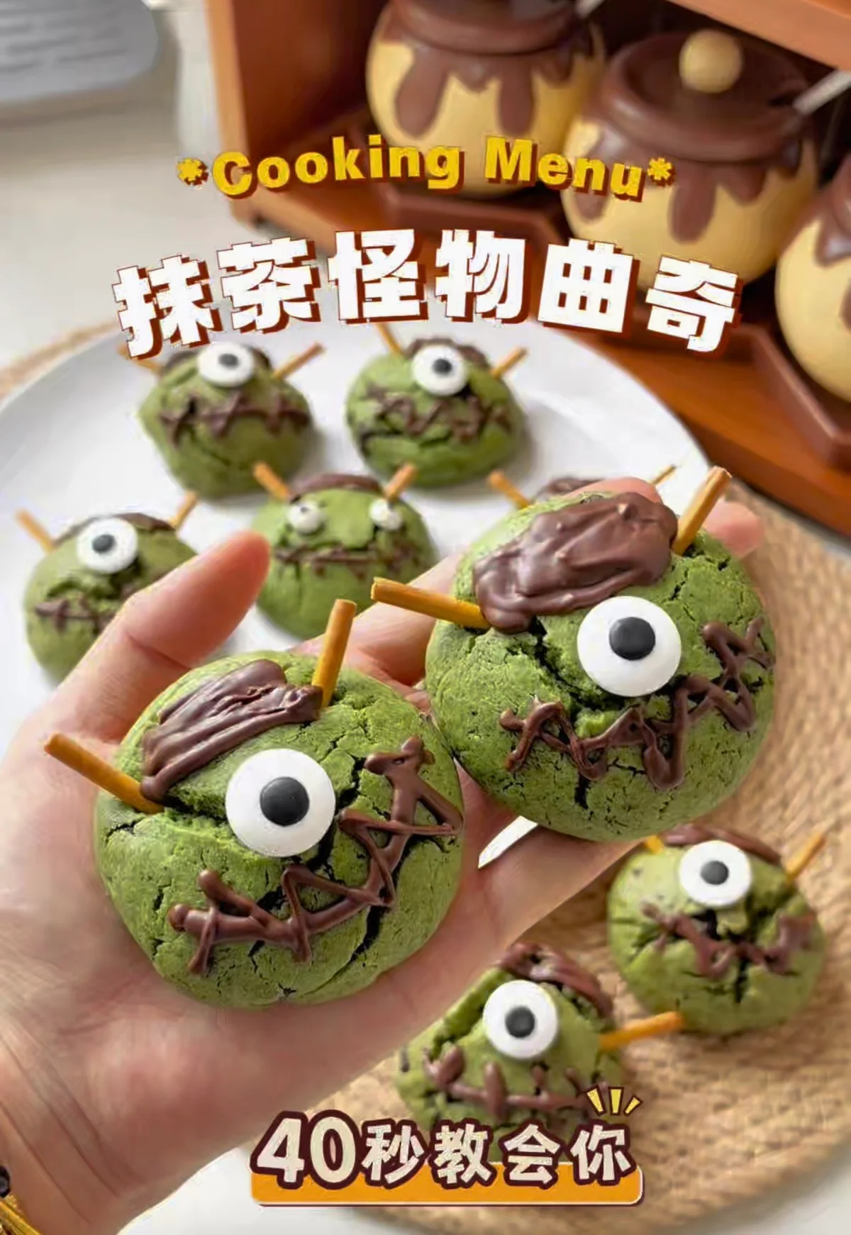 Green matcha cookies on wooden sticks, decorated with melted chocolate eyes and sprinkles