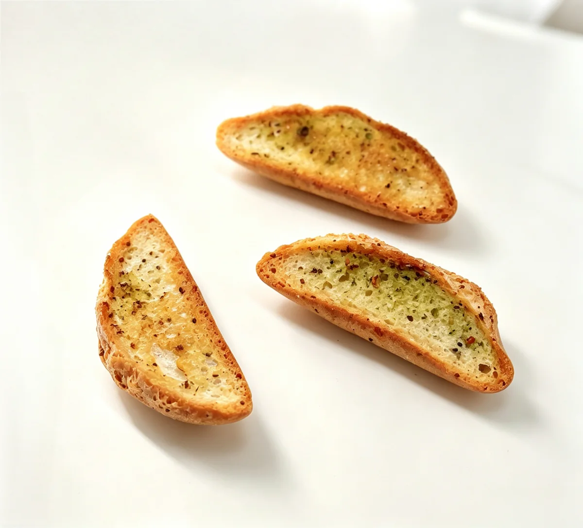 Three small toasted baguette halves, herb-flecked and cut side up on a white table