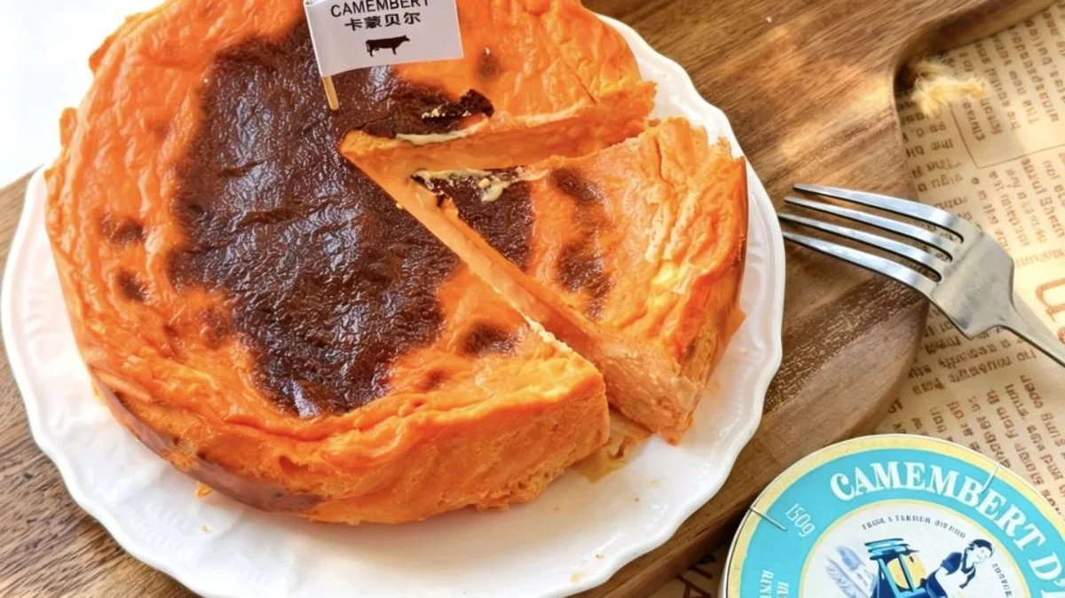 Burnt-top basque cheesecake with a pale orange Thai tea centre, one slice cut away
