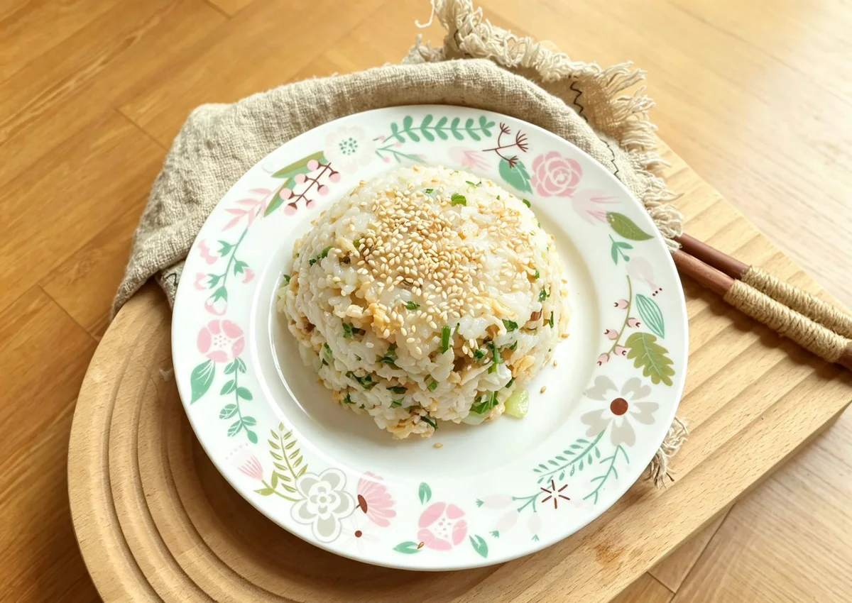 A moulded mound of fried rice topped with toasted sesame seeds on a floral plate, greens mixed through the grains