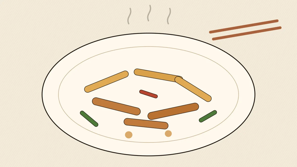 Drawn plate of fried chicken strips and potato fries with green and red chillies