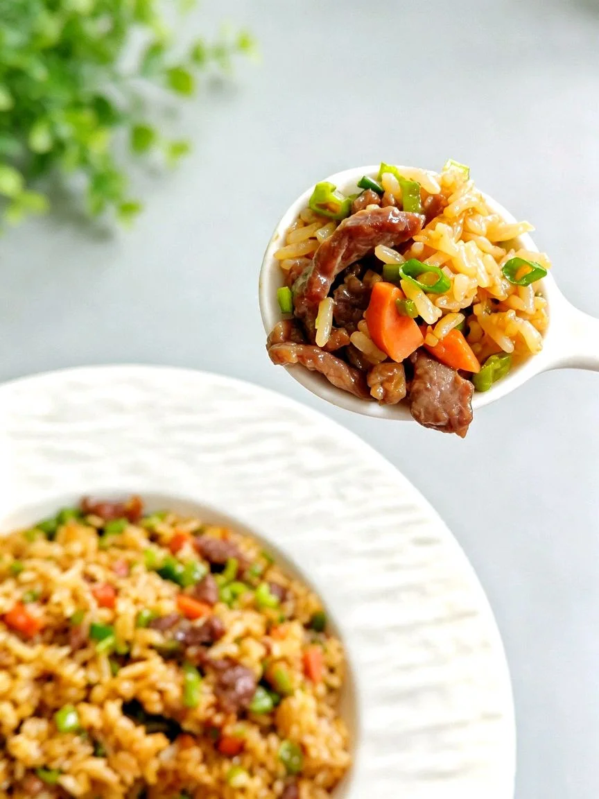 A spoonful of fried rice with tender beef slices carrot and green pepper lifted above a full bowl