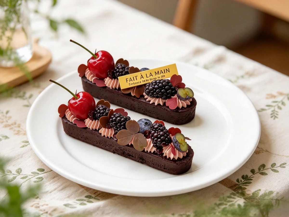 Rows of near-black cocoa eclair shells filled with pale cherry cream and topped with dark berries