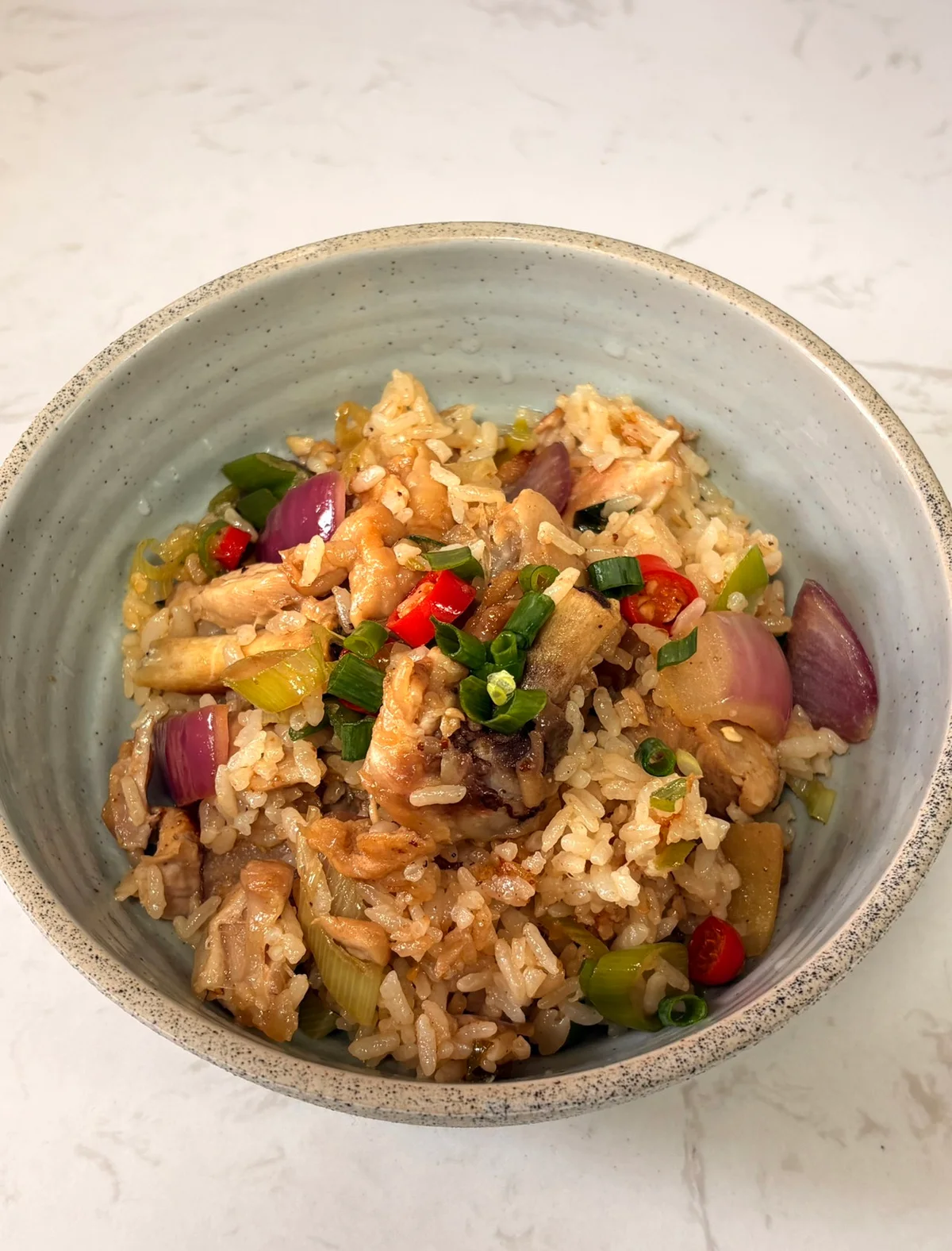 A speckled ceramic bowl of chicken thigh rice topped with scallions, red chili and red onion