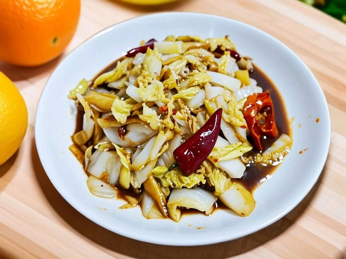 A white plate of vinegar glazed cabbage pieces with whole dried chilies and dark sauce pooling at the edge