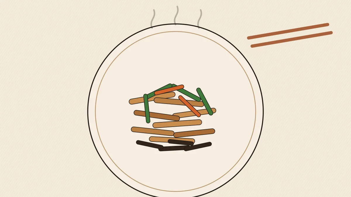 Shredded pork with green pepper, carrot and black wood ear strips in a bowl