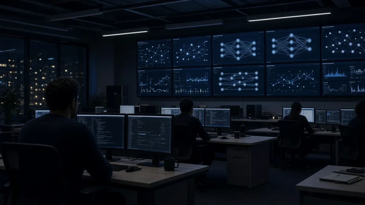 Analysts seated in a dim room facing a wall of screens showing network diagrams