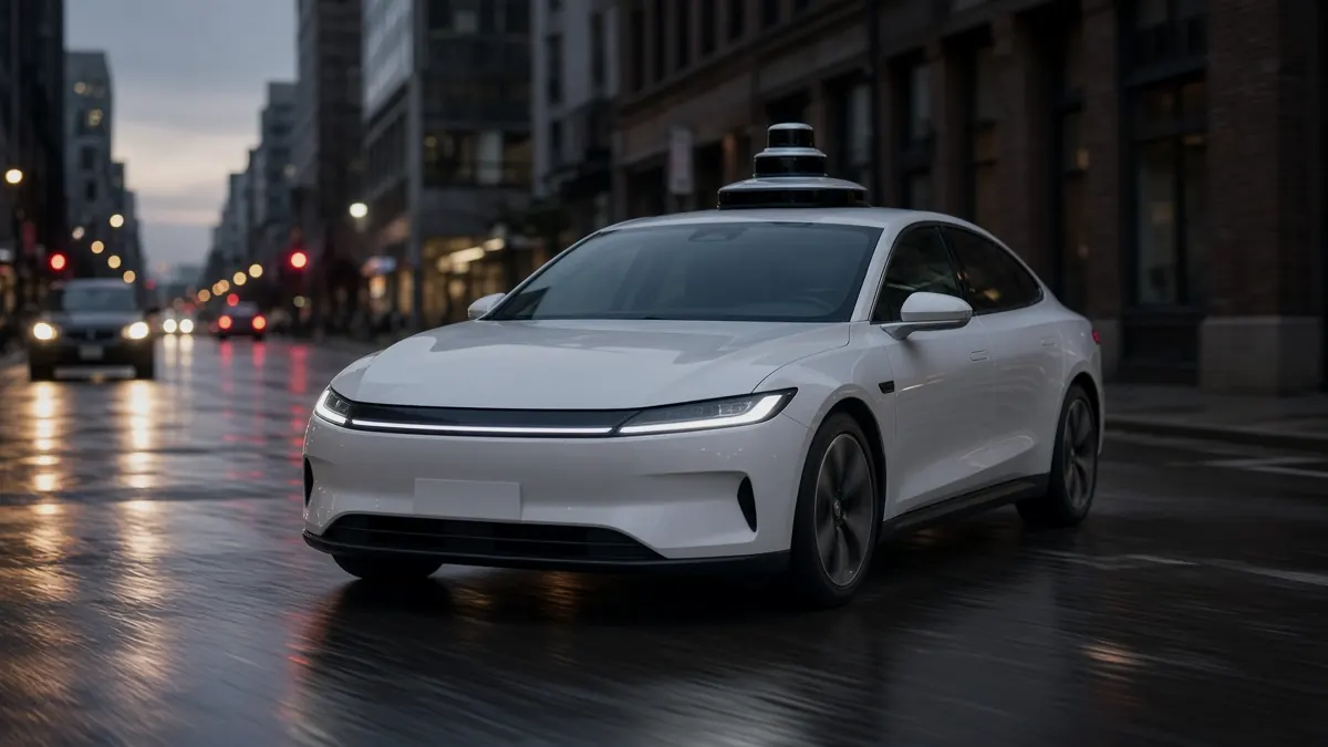 White self-driving car with a roof sensor unit on a wet city street at night