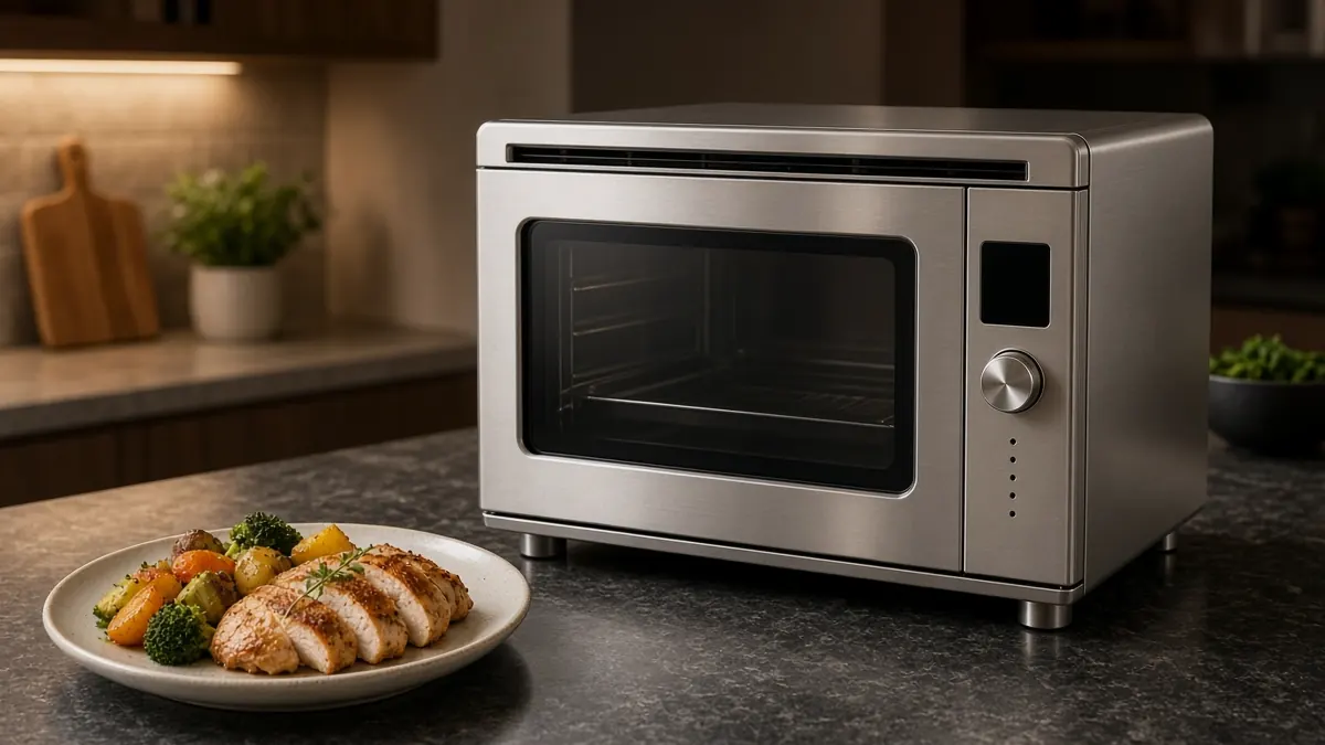 Countertop steam oven on a kitchen island beside a plated meal