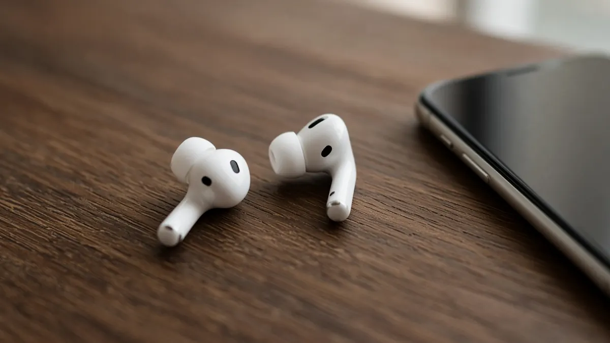 Pair of white wireless earbuds on a wooden desk beside a smartphone
