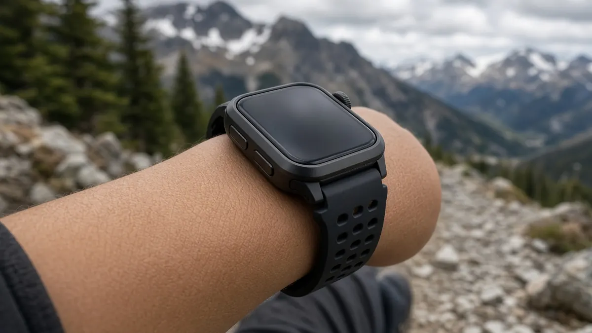 Rugged sports watch worn on a wrist with a rocky mountain trail behind