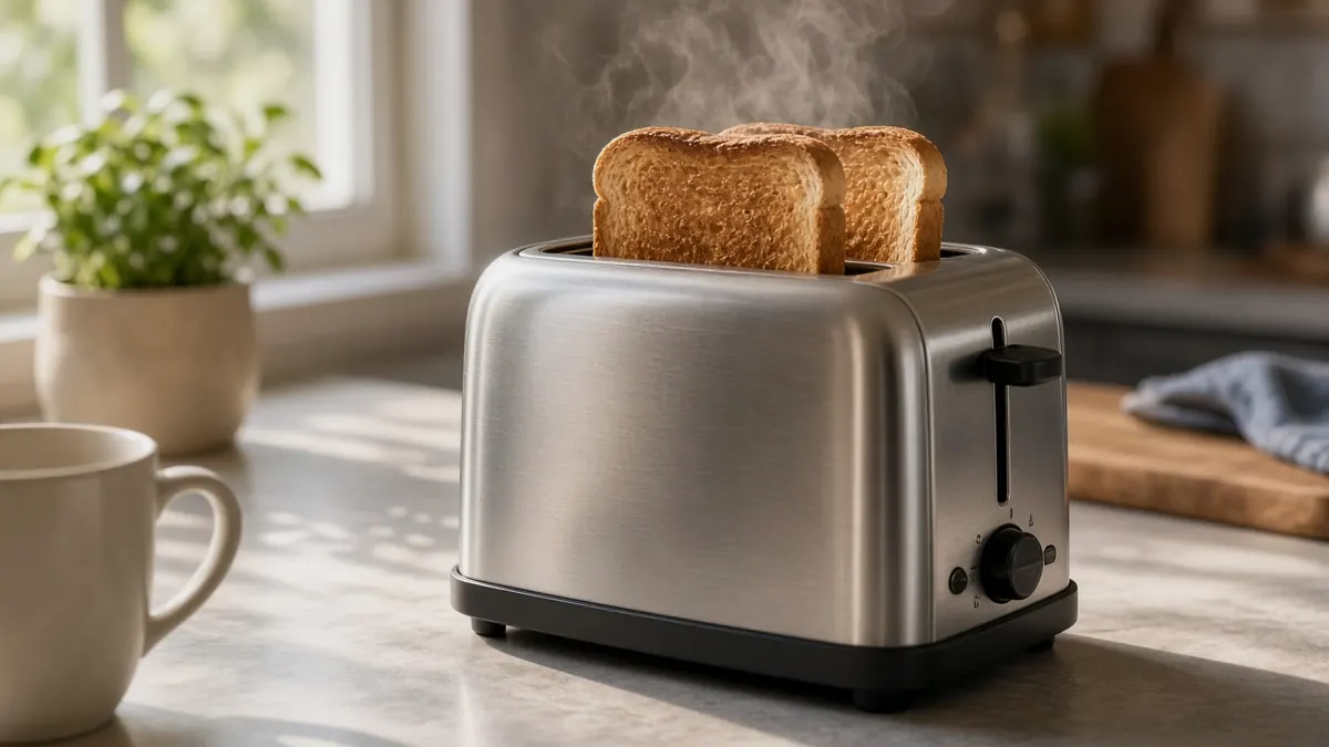 Two slices of toast standing in a stainless steel toaster on a kitchen counter