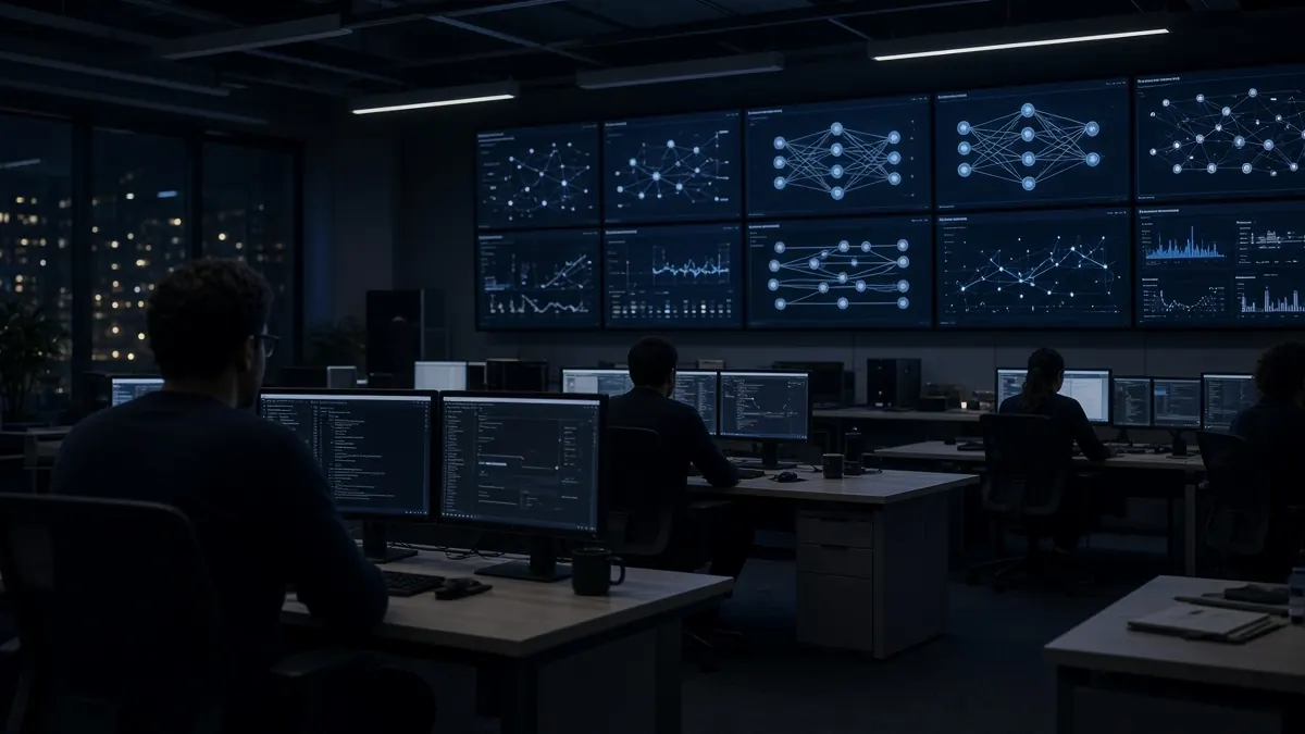 Operators watching a bank of screens in a darkened control room