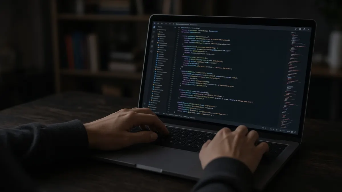 Hands typing at a keyboard in front of a monitor filled with code in a dark room