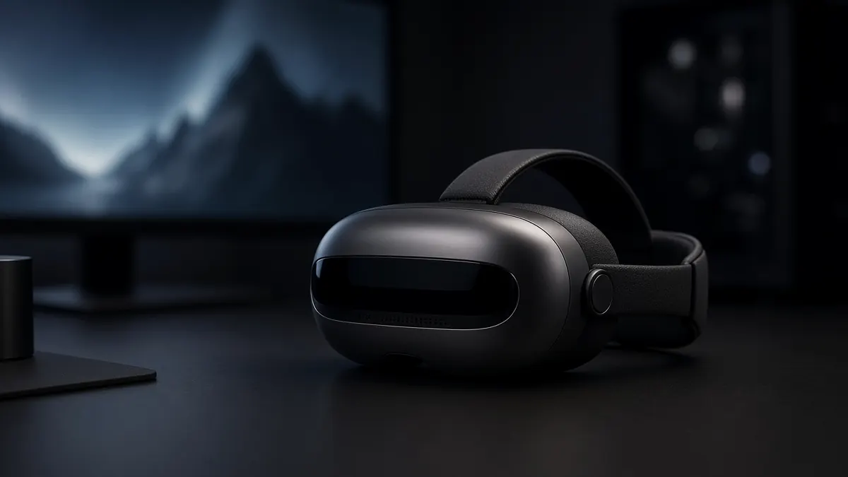 Black virtual reality headset on a dark surface lit from one side