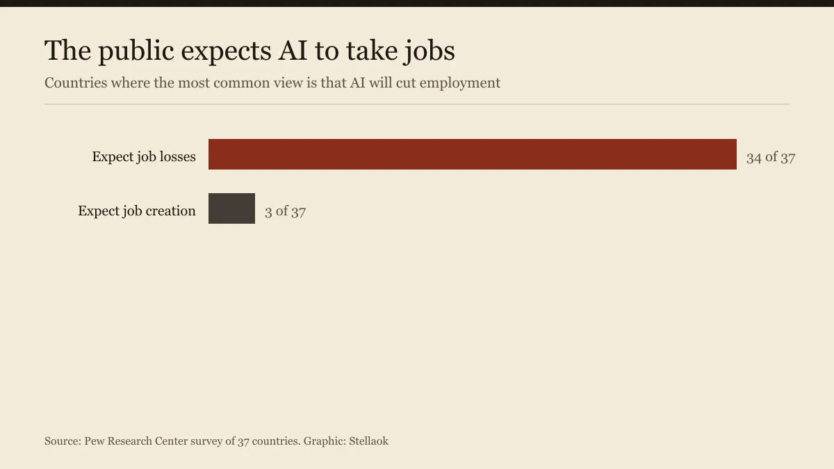 Bar chart showing 34 of 37 countries expect AI to cut jobs
