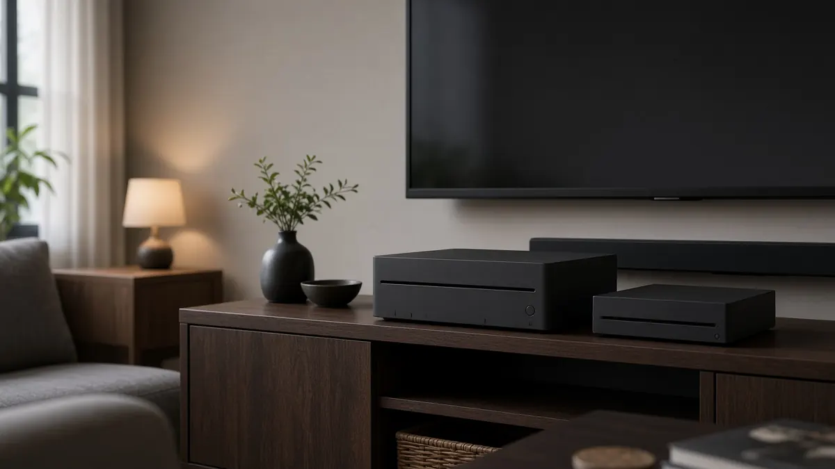 Streaming box and remote on a wooden console below a wall-mounted television