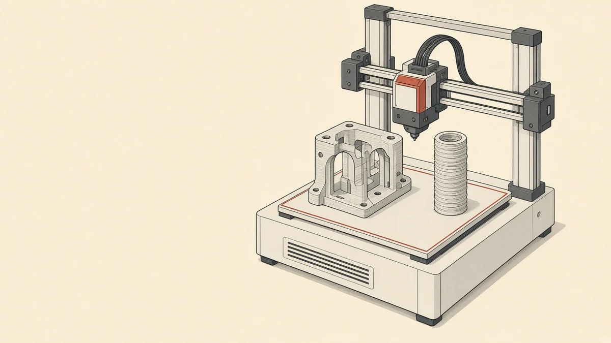 Illustration of a desktop 3D printer mid-print with a mechanical bracket and a purge tower on the heated bed