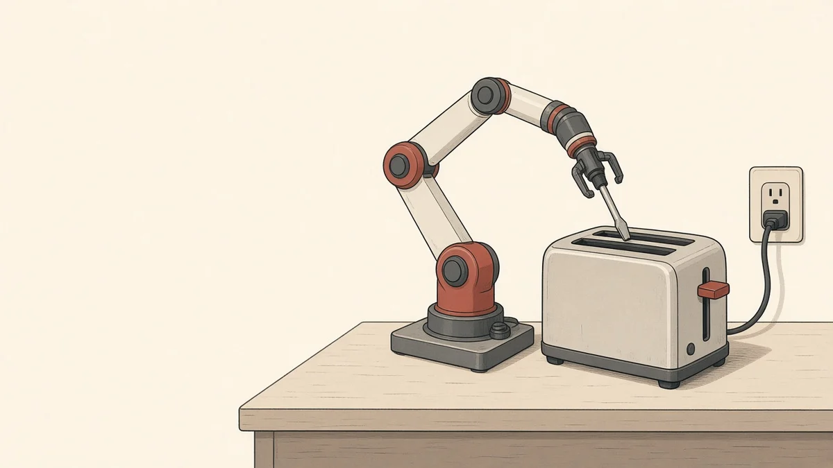 Illustration of a robot arm lowering a screwdriver into the slot of a plugged-in toaster on a workbench